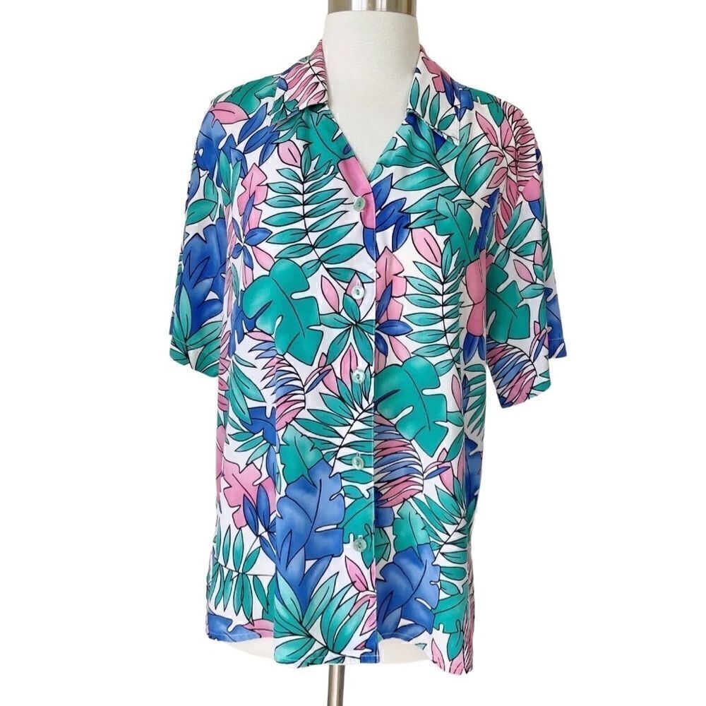 Vintage Da Rue Colorful Leave Print Tropical Shirt Top Women Size M L Hawaiian